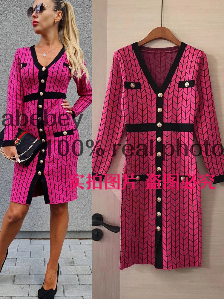 Autumn Plaid Knit Dress Women V Neck Elastic Waist Midi