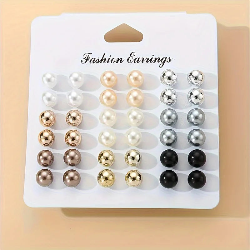 18 Pairs Elegant Multi Color Imitation Pearl Stud Earrings Set for Women Trendy Party and Wedding Jewelry
