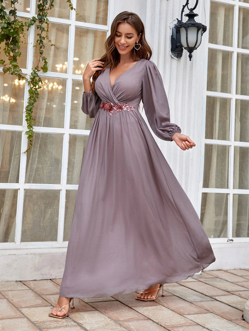 Beaded Print Chiffon V Neck Long Sleeve Evening Gown