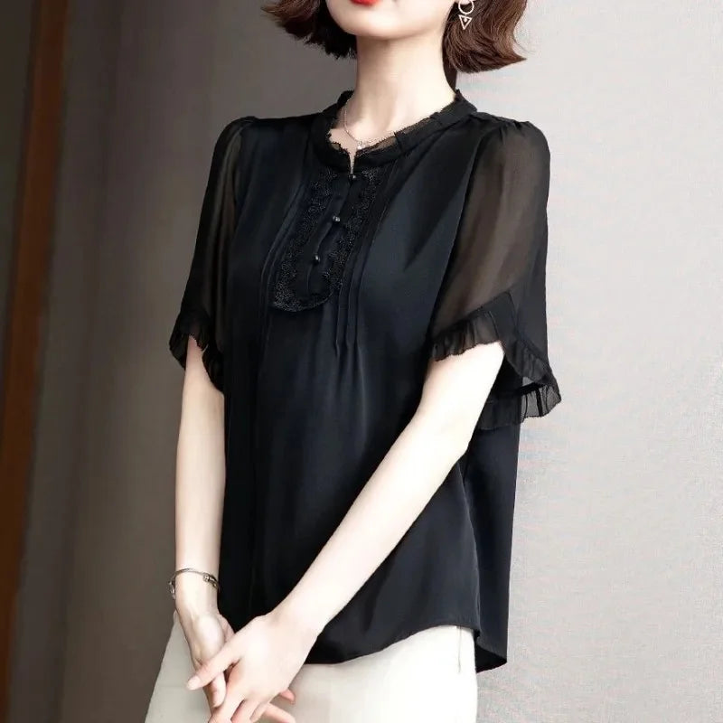 Women's Summer Chiffon Blouse Casual Short Sleeve O-Neck Top in Black Lightweight Breathable Shirt
