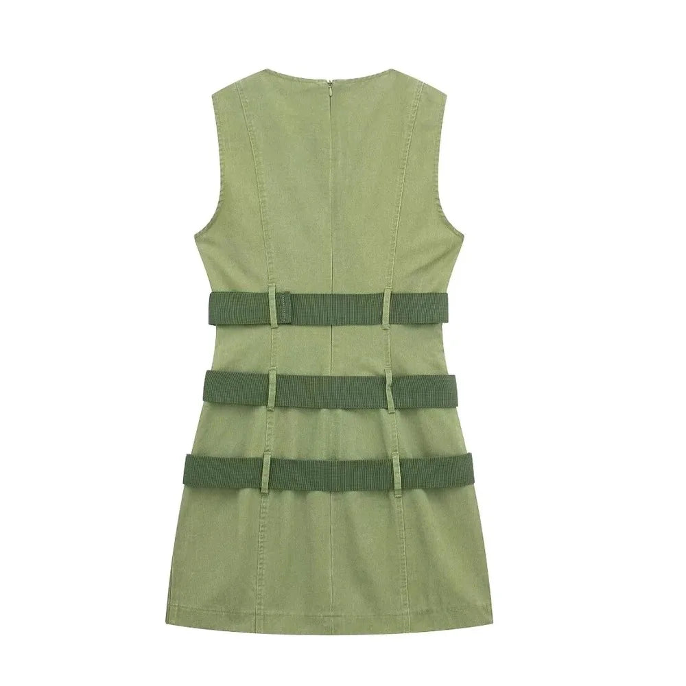 Green Belted Sleeveless Dress With Sweetheart Neckline