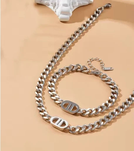 Gold Color Cuban Chain Necklace and Bracelet Set for Women with Geometric Charms