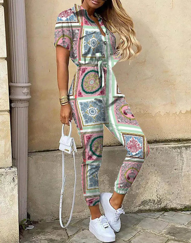 Summer Casual Women's Jumpsuit with Lapel Collar Printed Waistband and Stylish Buckle Detail