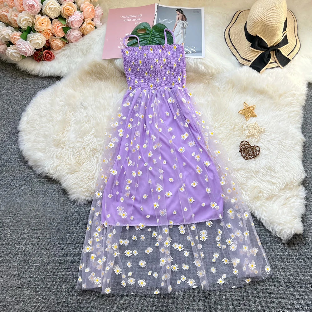 Floral Daisy Print Mesh Long Dress for Summer Vacation