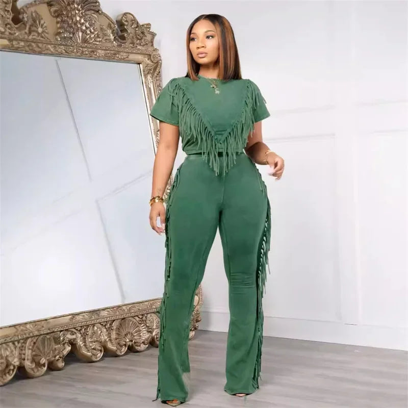 Tassel Two Piece Set for Women Casual Streetwear T-Shirt Top and Flare Pants Tracksuit