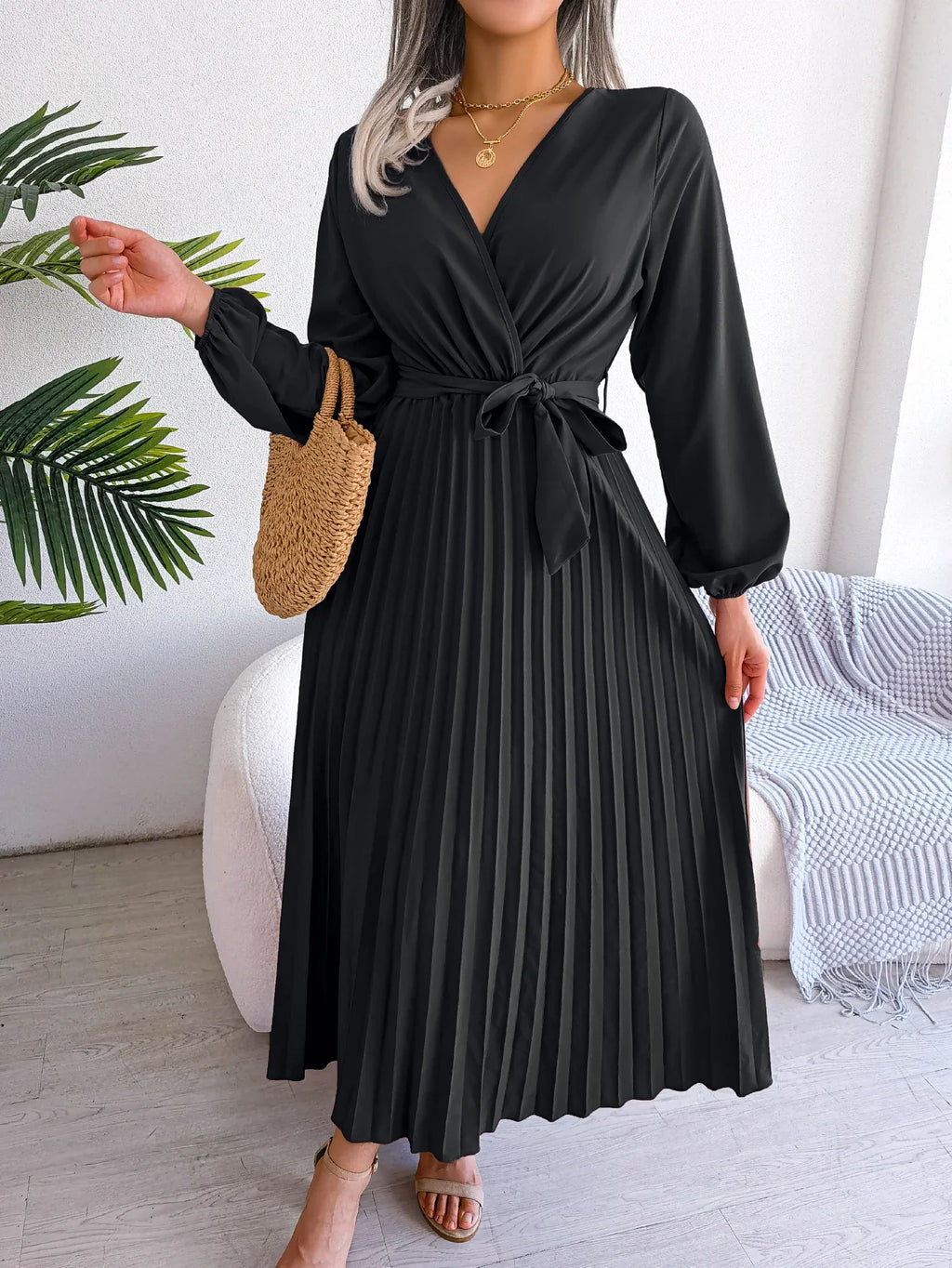 Elegant Surplice Neck Pleated Maxi Dress With Belt Flair