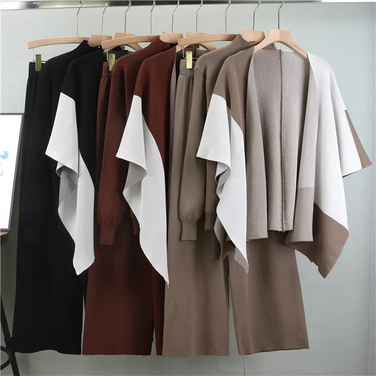 Elegant Knitted Three-Piece Suit for Women Autumn Winter Cozy Knit Top Wide Leg Pants and Shawl Set Casual Layered Outfit