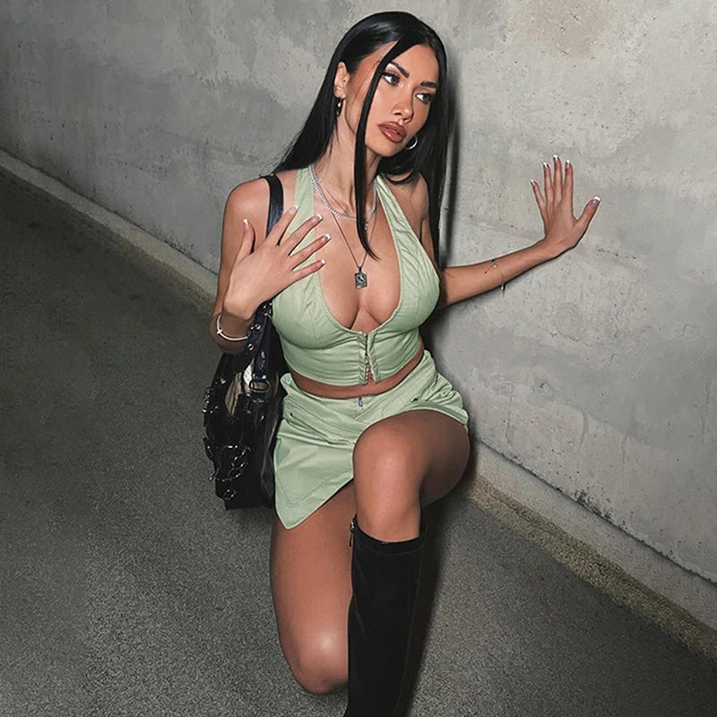 2 Piece Women's Summer Fashion Set V Neck Sleeveless Crop Tank Top and High Waist Shorts Backless Casual Leisure Outfit