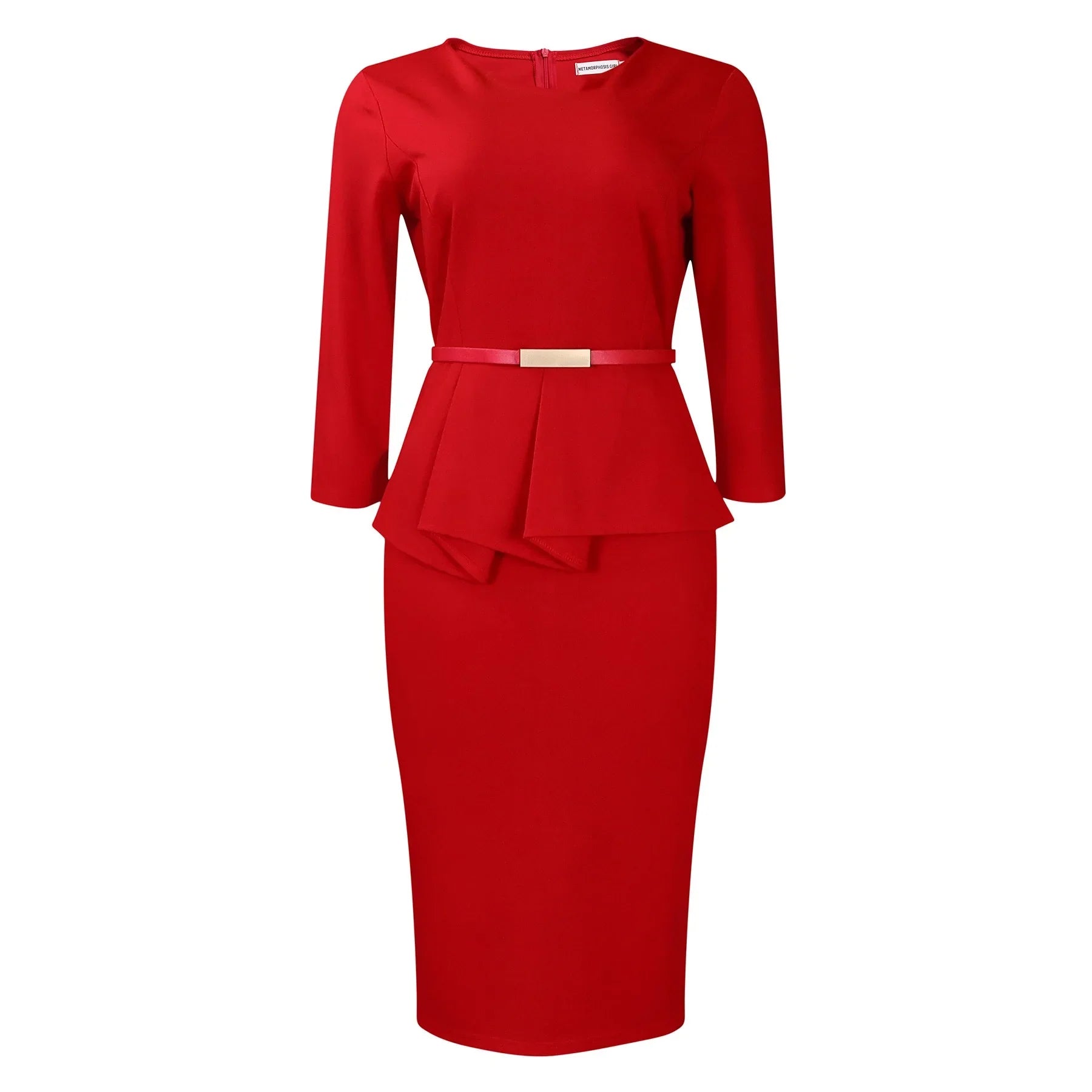 Women's Office Dress Sheath Belted Mid Calf Formal Wear