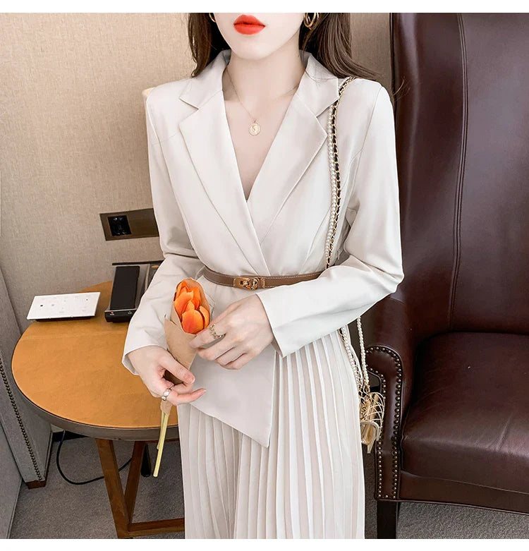 Faux Two Piece Dress With Blazer Collar Pleated Skirt