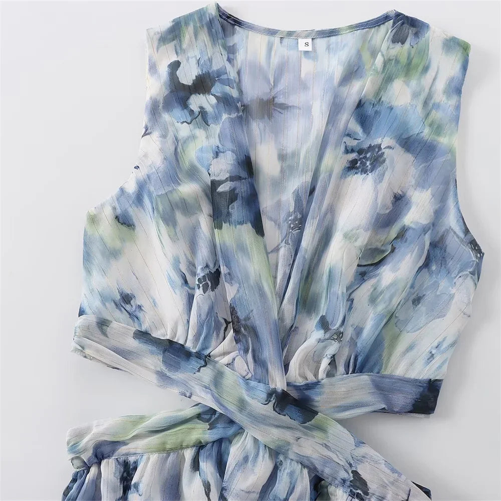 V Neck Printed Dress With Metal Line Open Waist Silhouette