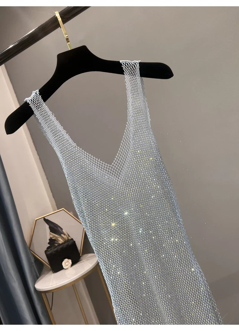 Rhinestone Party Dress Deep V Neck Mesh Club Wear For Women