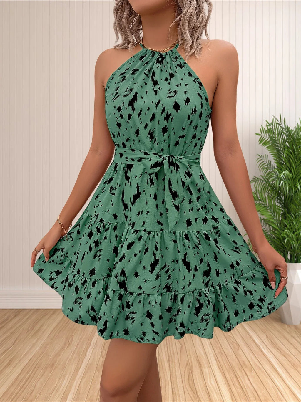 Halter Neck Boho Floral Polka Dot Short Sundress for Women