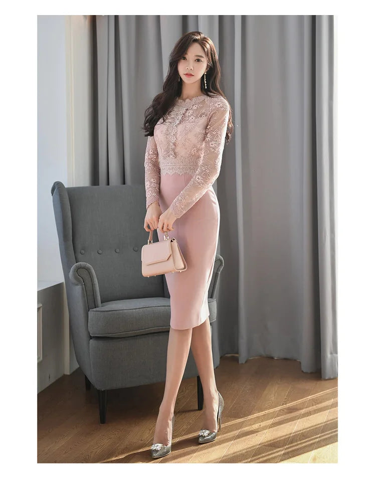 Korean Lace Bodycon Dress Women Office Sheath Pencil