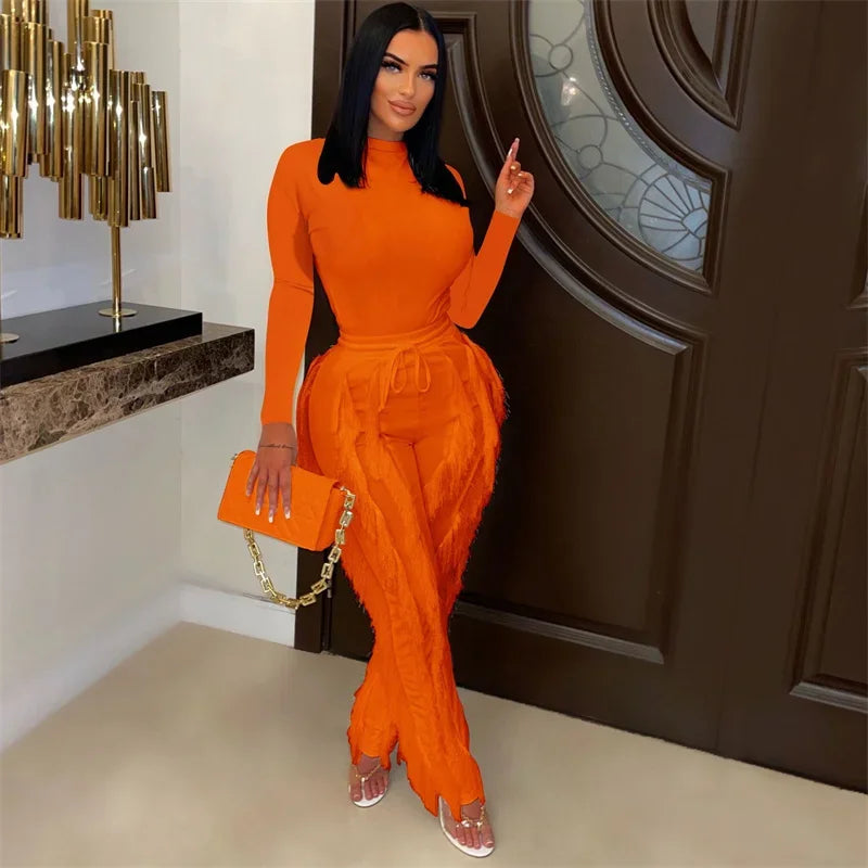 Elegant Two Piece Women Outfit Long Sleeve Bodysuit Top with Tassel Pants Matching Set for Autumn and Winter