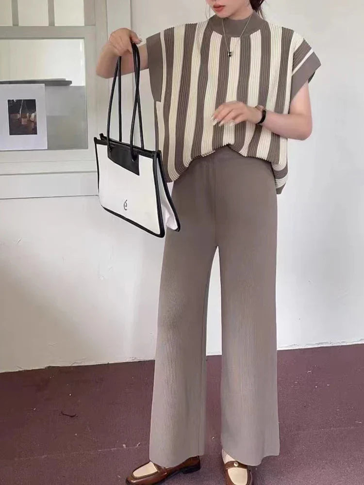 Women Casual Striped Sweater Pant Set Autumn Winter Knitted Short Sleeve Tops and Elastic Sweater Pants