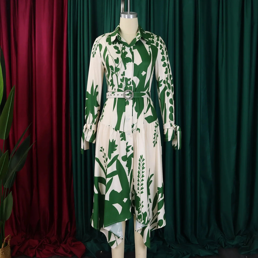 Printed Dress For Women Elegant Turn Collar Ankle Length