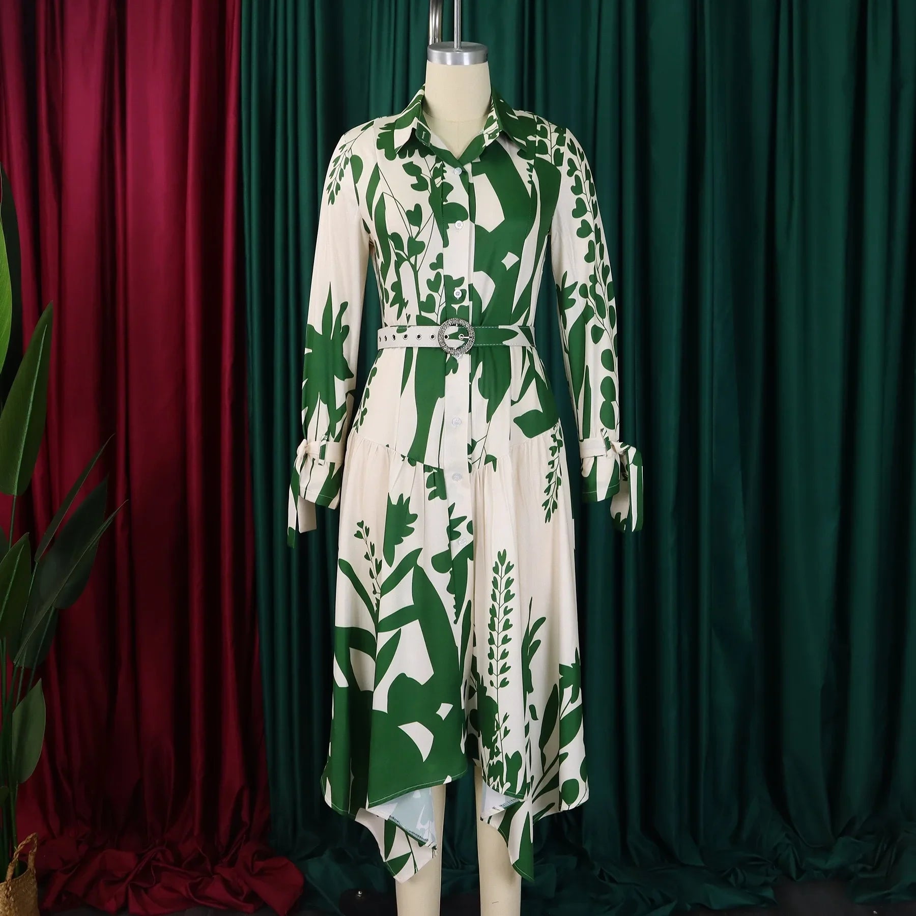 Printed Dress For Women Elegant Turn Collar Ankle Length