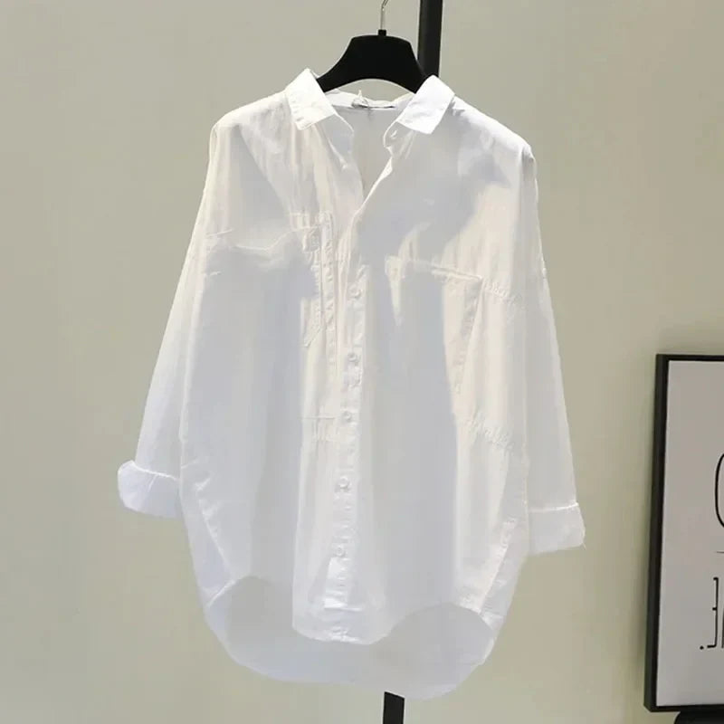 Cotton White Women's Loose Fit Shirt Casual Long Sleeve Blouse Elegant Office Top Comfortable Autumn Wear
