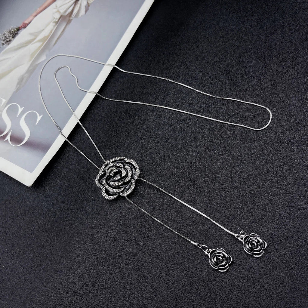 Women's Fashion Black Rose Long Necklace for Travel and Party Accessories