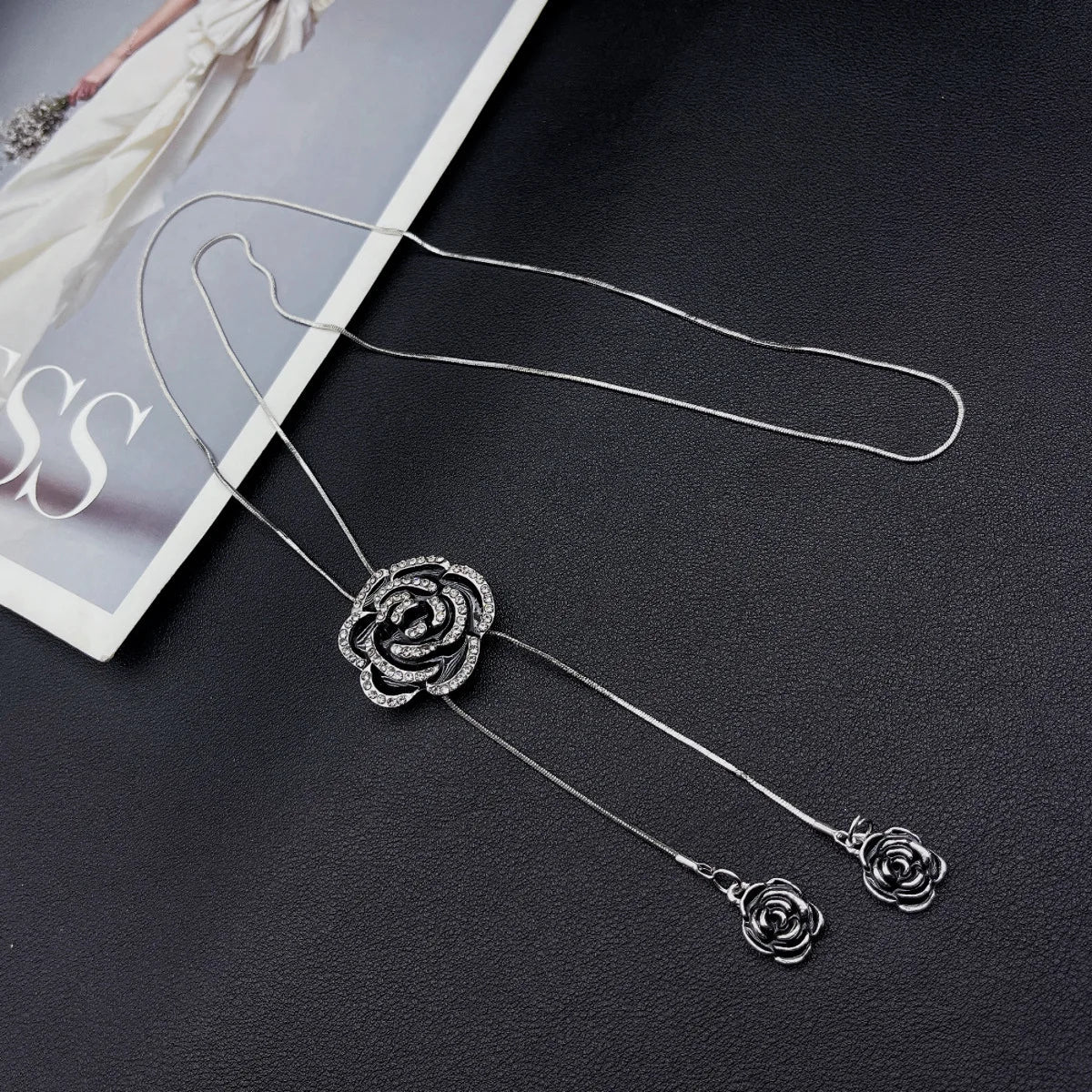 Women's Fashion Black Rose Long Necklace for Travel and Party Accessories