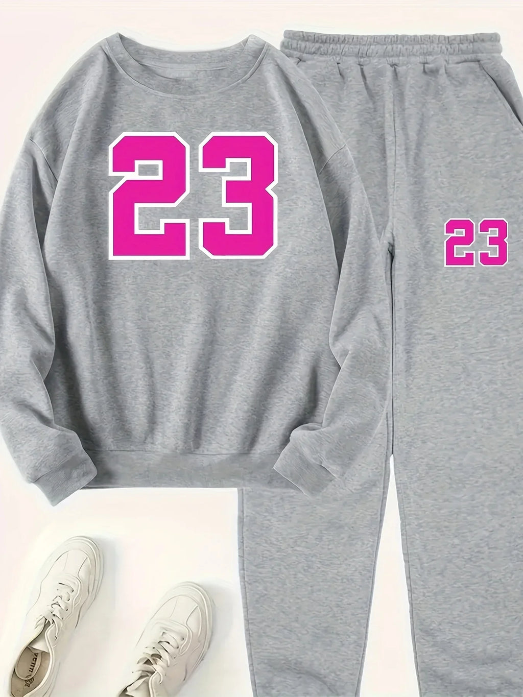 Casual Women's Two Piece Set with Kangaroo Pocket Round Neck Sweatshirt and Solid Color Long Sleeves