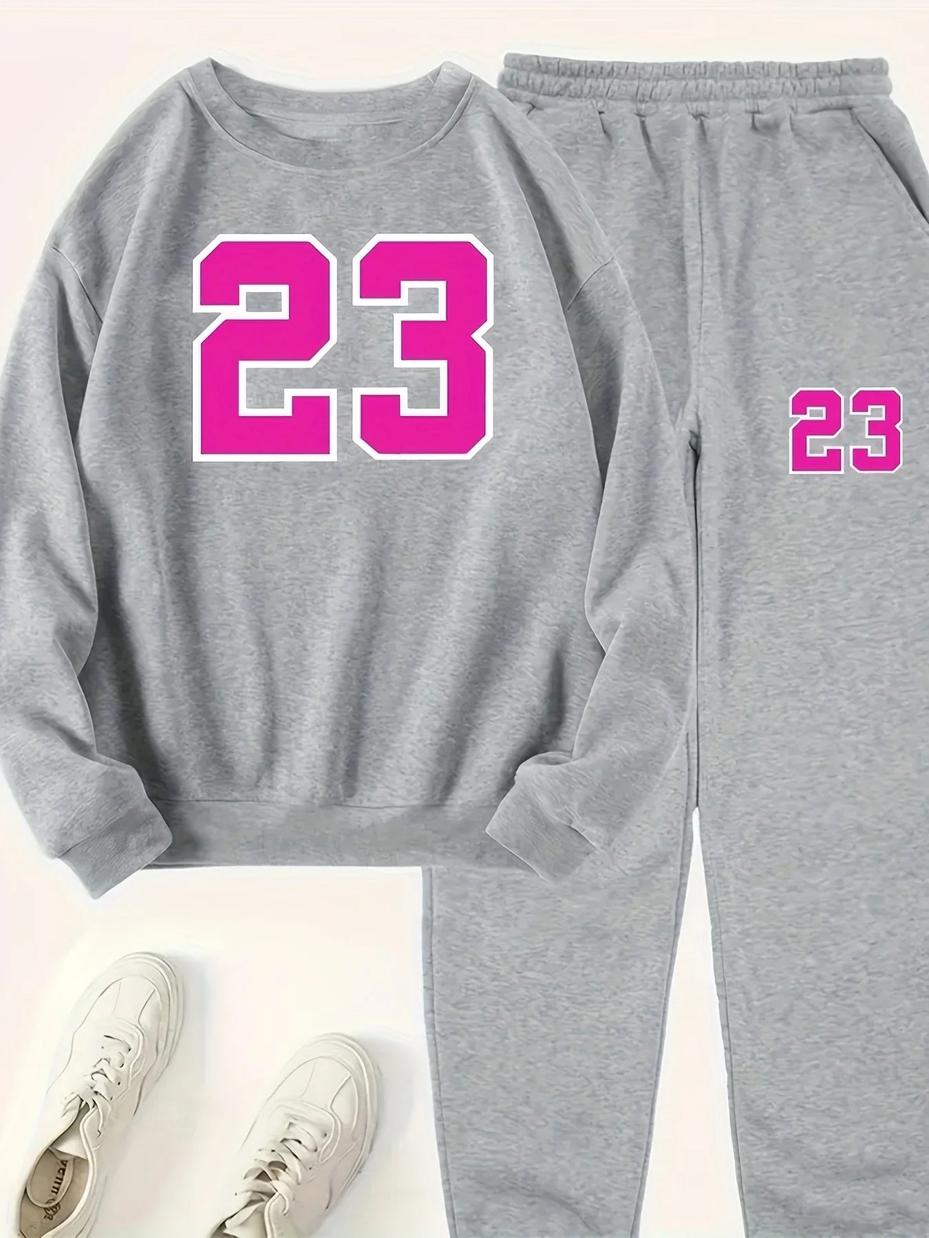 Casual Women's Two Piece Set with Kangaroo Pocket Round Neck Sweatshirt and Solid Color Long Sleeves