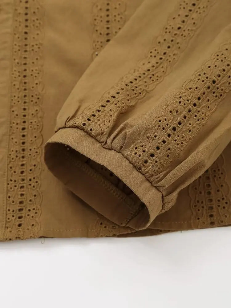 Womens Retro Casual Cotton Shirt Long Sleeve Embroidered Hollow Round Neck Lapel Top for Autumn