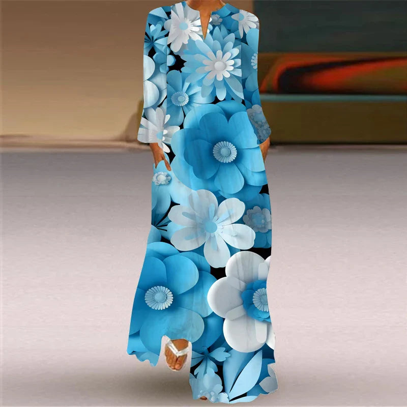 Printed V Neck Long Sleeve Dress With Large Pockets