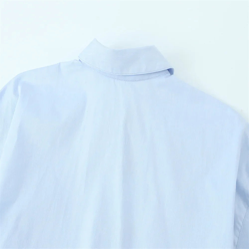 Women's Light Blue Long Sleeve Button Down Shirt with Pleated Waist and Classic Collar for Office and Stylish Wear