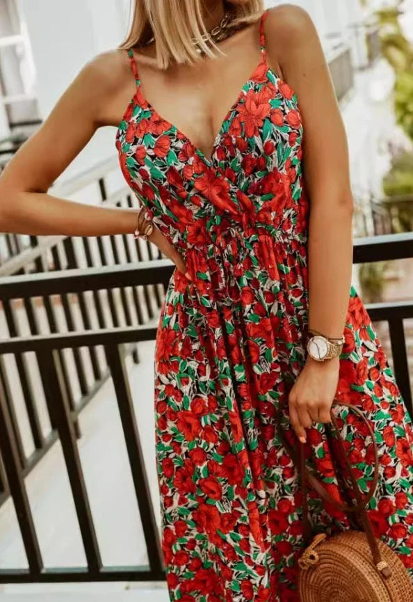 Bohemian Floral Chiffon Summer Dress With V Neckline