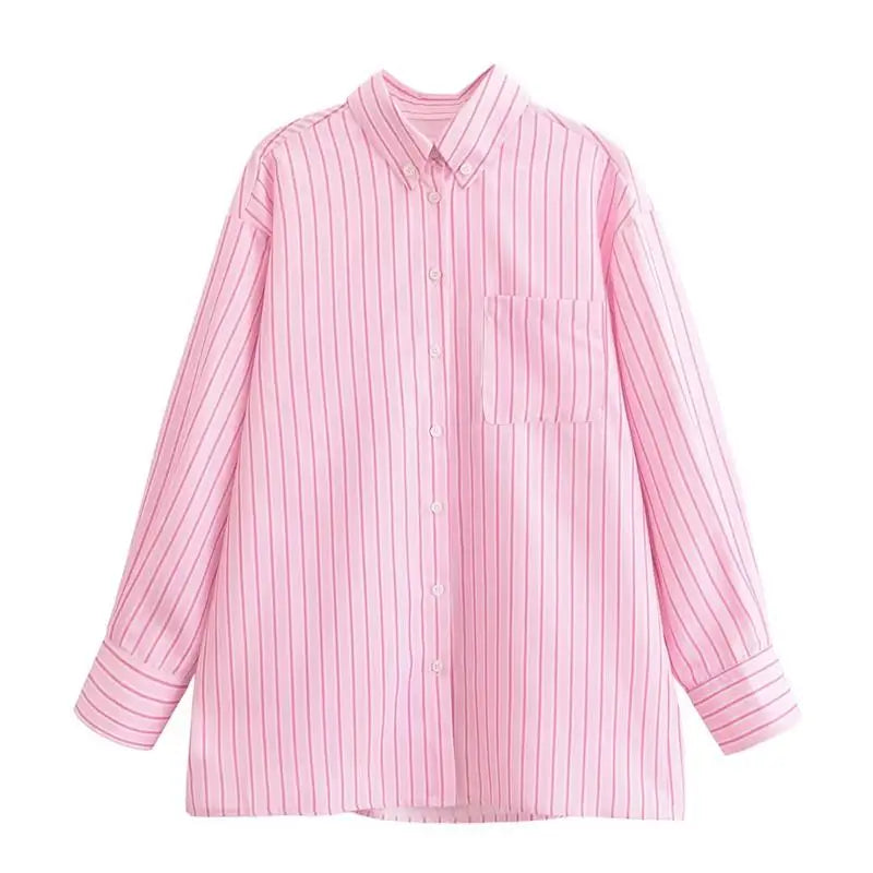Chic Pink Striped Loose Fit Long Sleeve Blouse for Women Elegant Casual Street Style Shirt