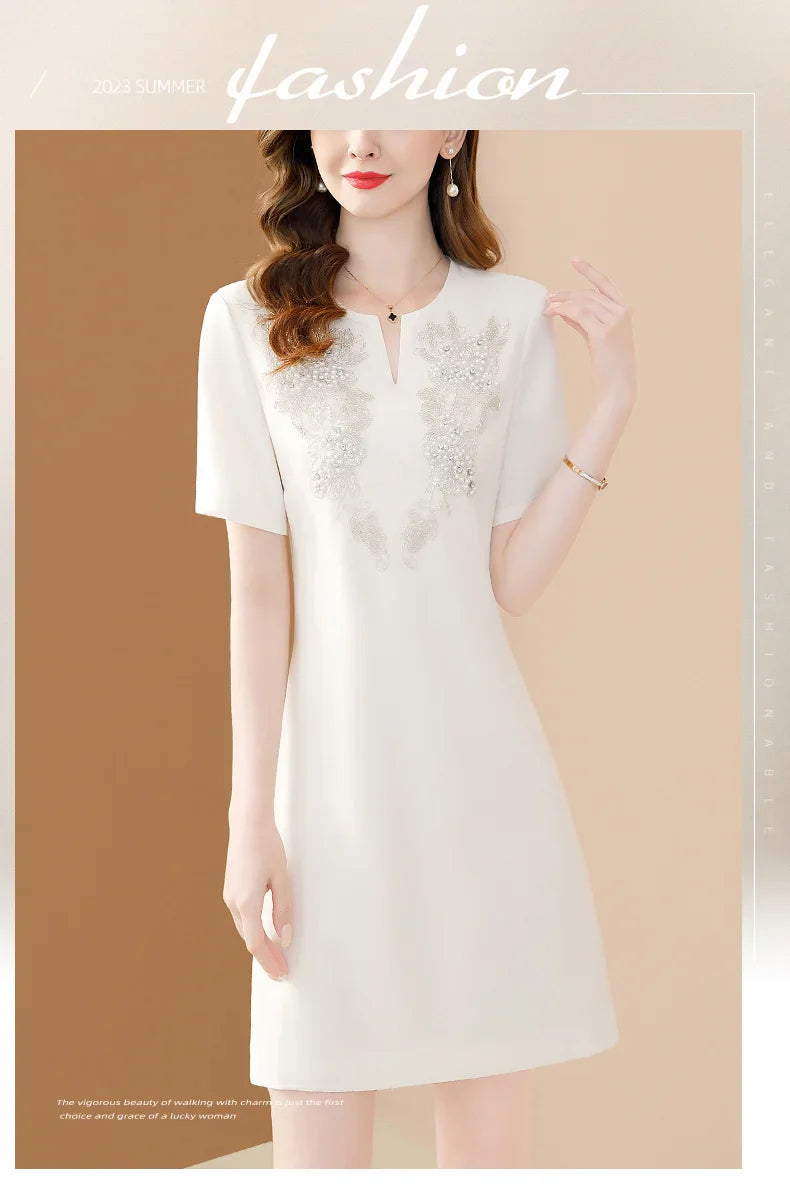 White Floral Embroidery A-Line Dress Short Sleeve Chic