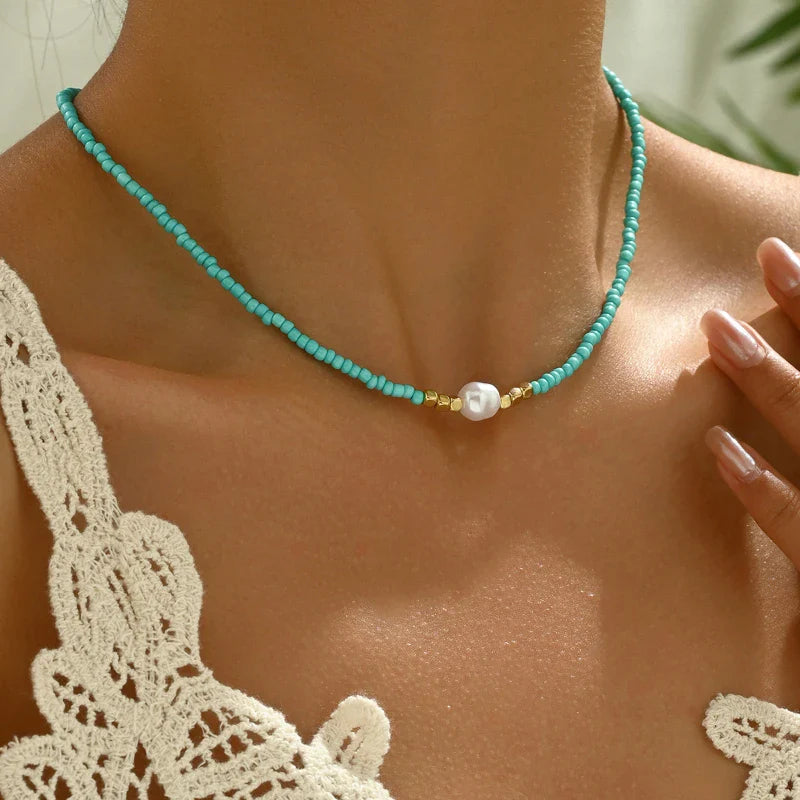 Vintage Bohemian Woven Rice Beads Necklace for Women Fashion Simple Design Holiday Party Accessory