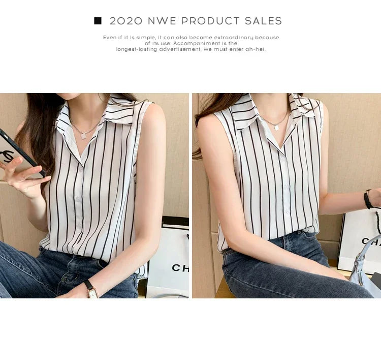 Striped Sleeveless Chiffon Blouse for Women Summer Vest Casual Lightweight Tops Basic White Shirt