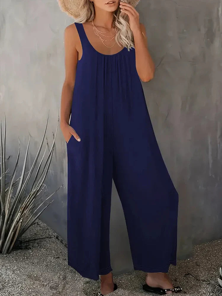 Loose Solid Color Wide Leg Jumpsuit with Sleeveless Scoop Neck Pockets Summer Casual Comfortable Pullover Romper for Women