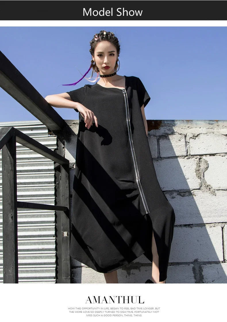 Black Zipper Dress For Women Elegant Casual Long Dress