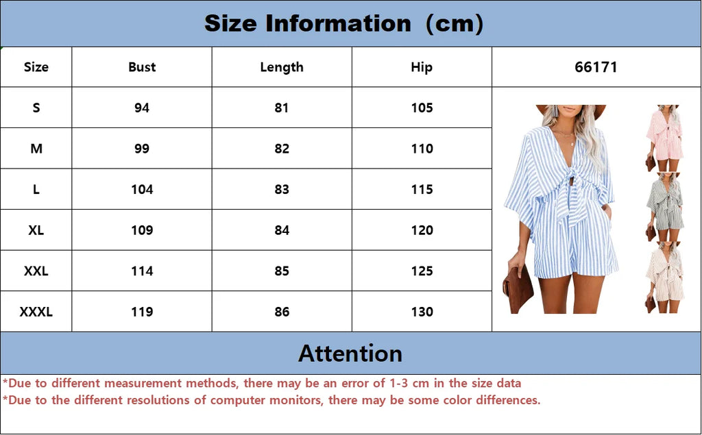 Women's Summer Slimming Striped Jumpsuit with Deep V Neck, Flared Three Quarter Sleeves, and Wide Leg Pants