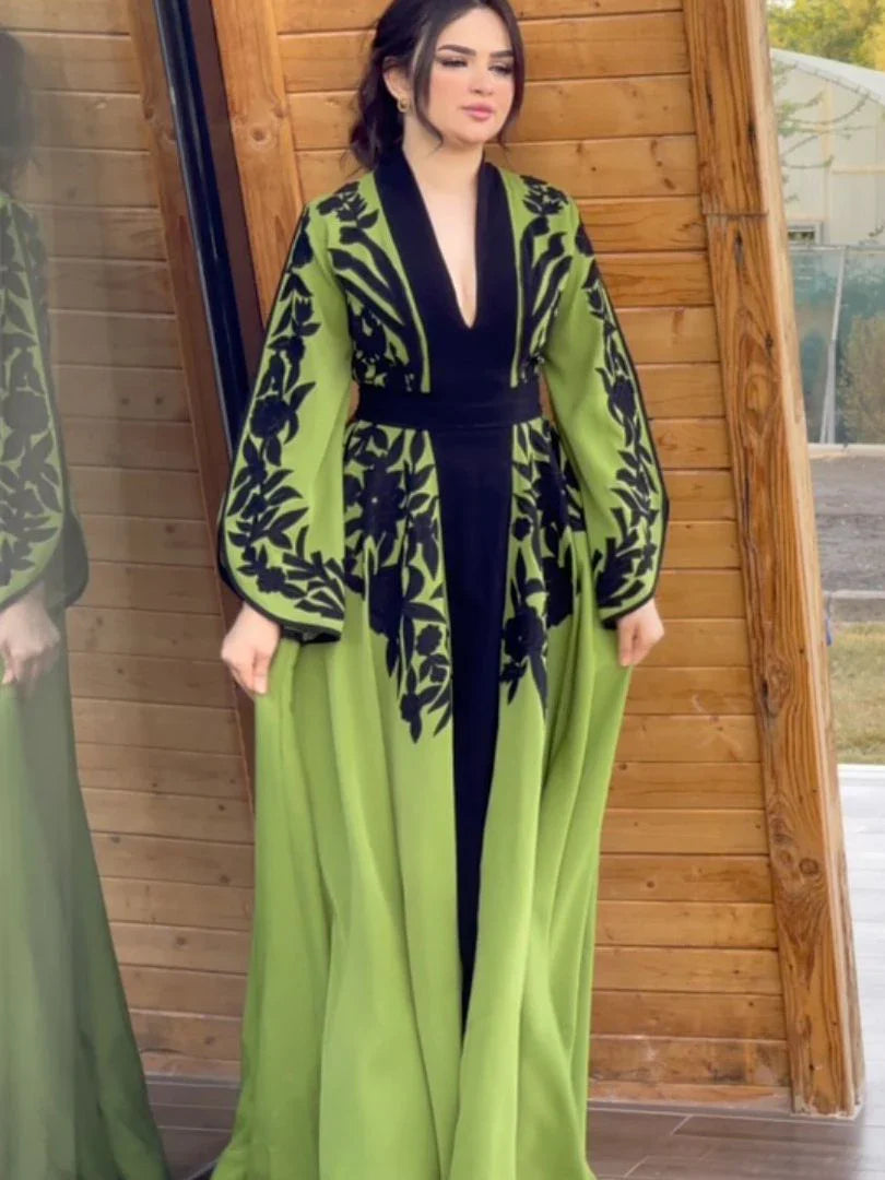 Muslim Maxi Dress With Flared Sleeves And V Neck For Women