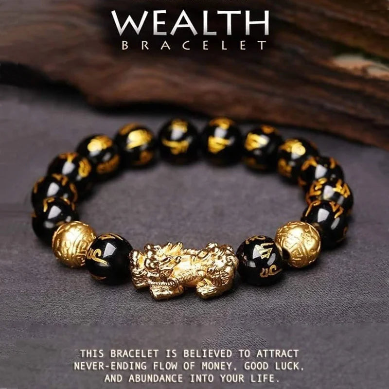 Obsidian Stone Beads Pixiu Bracelet for Wealth and Luck for Men and Women