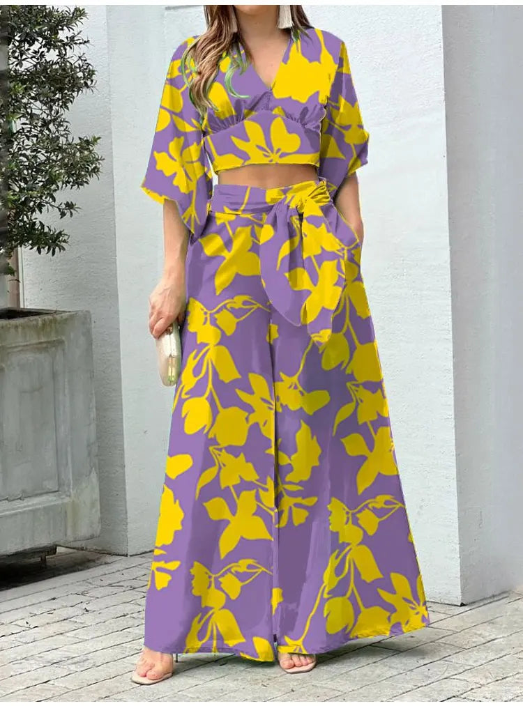 Casual Women's Two Piece Set Featuring V Neck Crop Top and High Waist Wide Leg Pants with Trendy Print for Stylish Autumn Outfits
