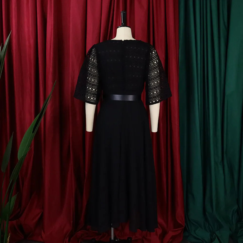 Square Neck Lace Dress Belt A Line Flare Sleeve Mid Calf