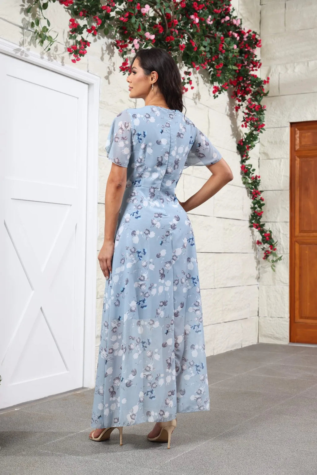 V Neck Floral Chiffon Maxi Dress With Ruffle Short Sleeves