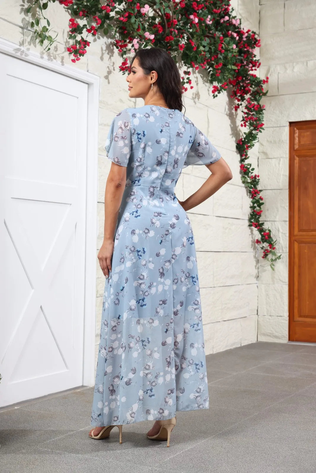 V Neck Floral Chiffon Maxi Dress With Ruffle Short Sleeves