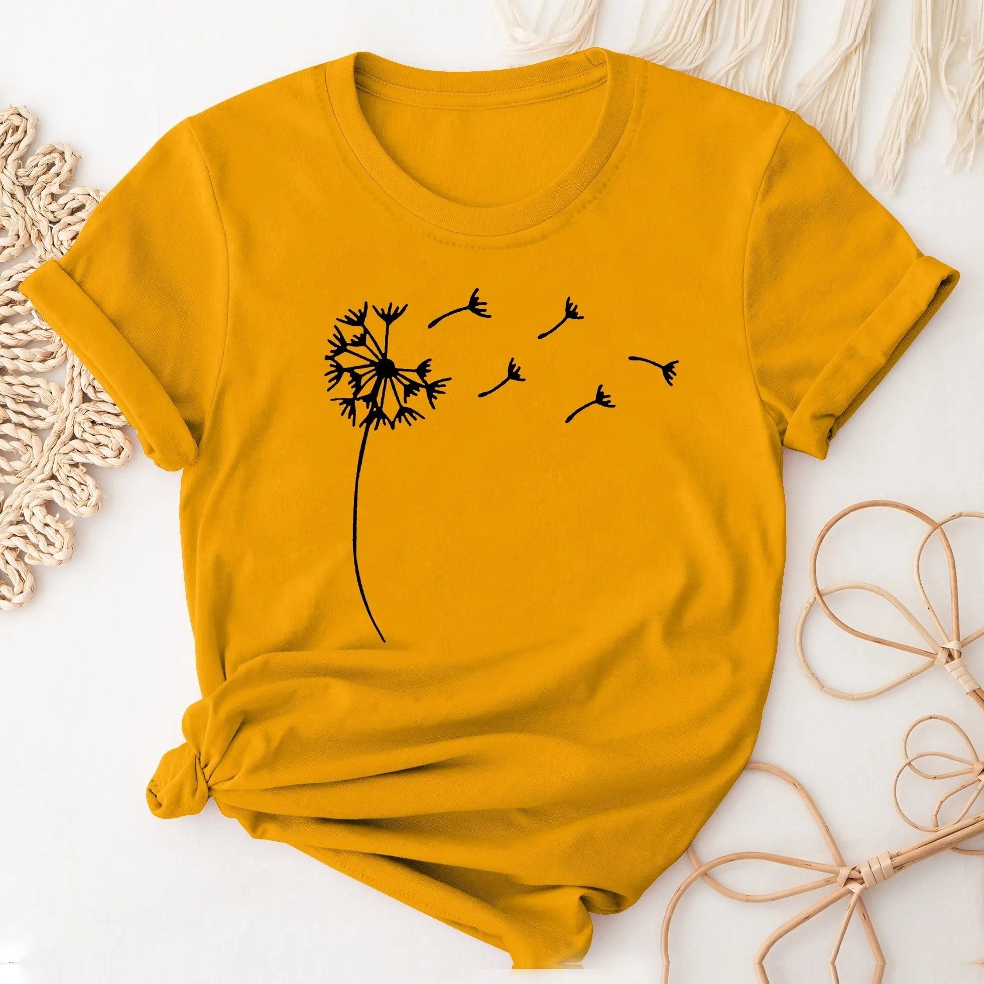 Dandelion Print Casual Crew Neck T-Shirt for Women, Short Sleeve Spring and Summer Top