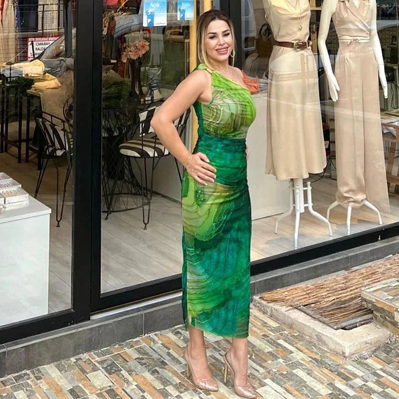 One Shoulder Backless Gradient Print Dress For Party