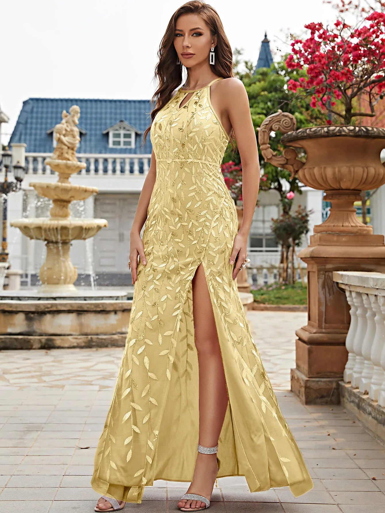 Criss Cross Backless Sequin Dress With Thigh Slit Detail