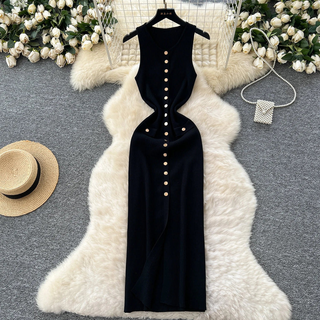Elegant Solid Knitted O Neck Sleeveless Midi Dress Buttons