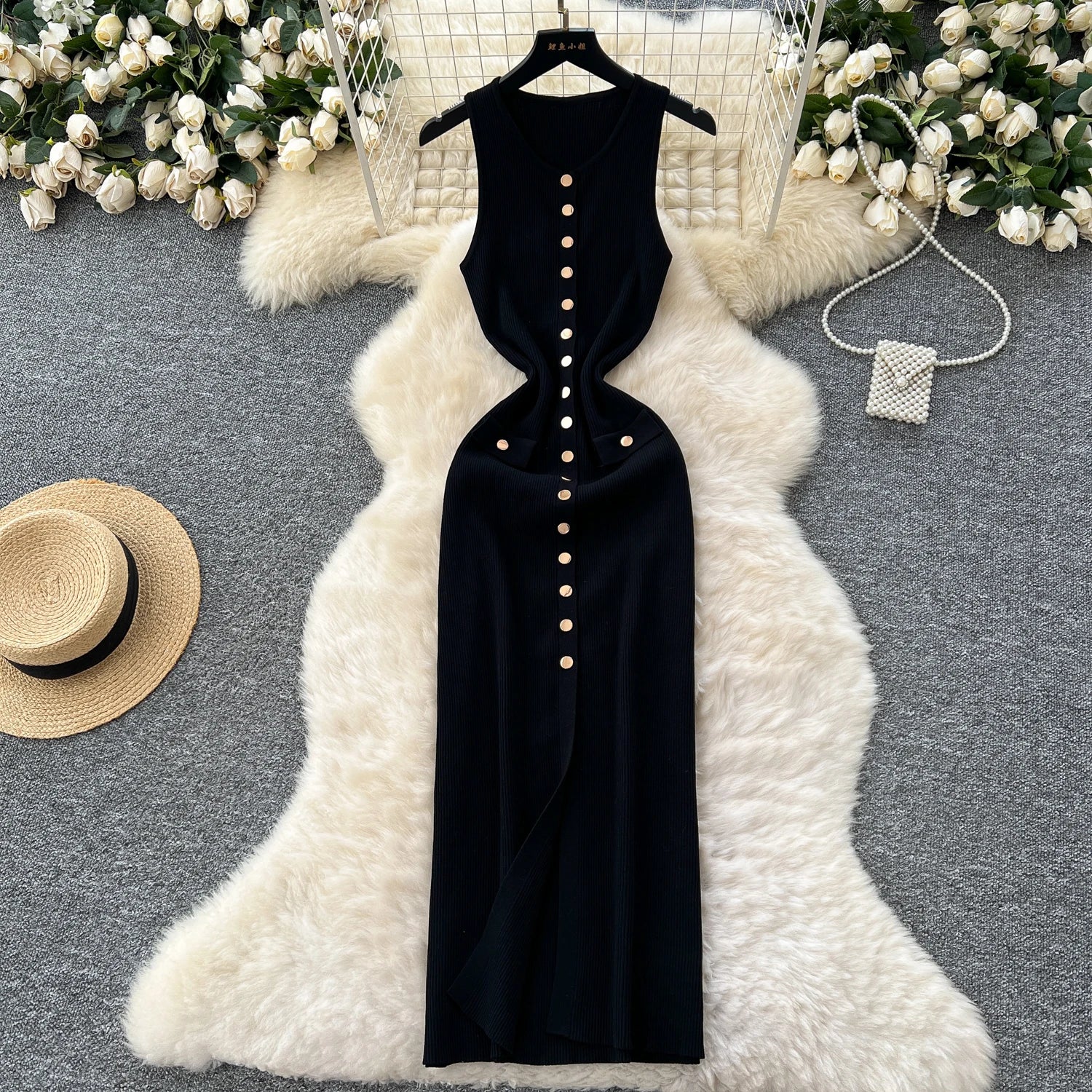 Elegant Solid Knitted O Neck Sleeveless Midi Dress Buttons