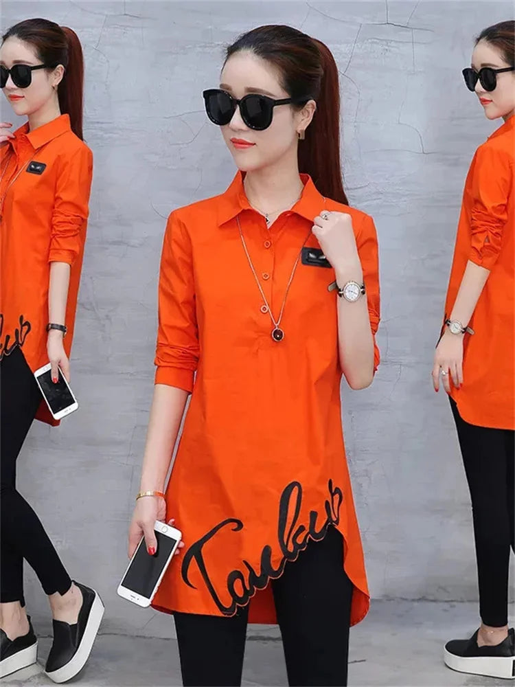 Women's Long Sleeve Embroidered Blouse Spring Fashion Loose Fit Ladies Shirt Plus Size Casual Top